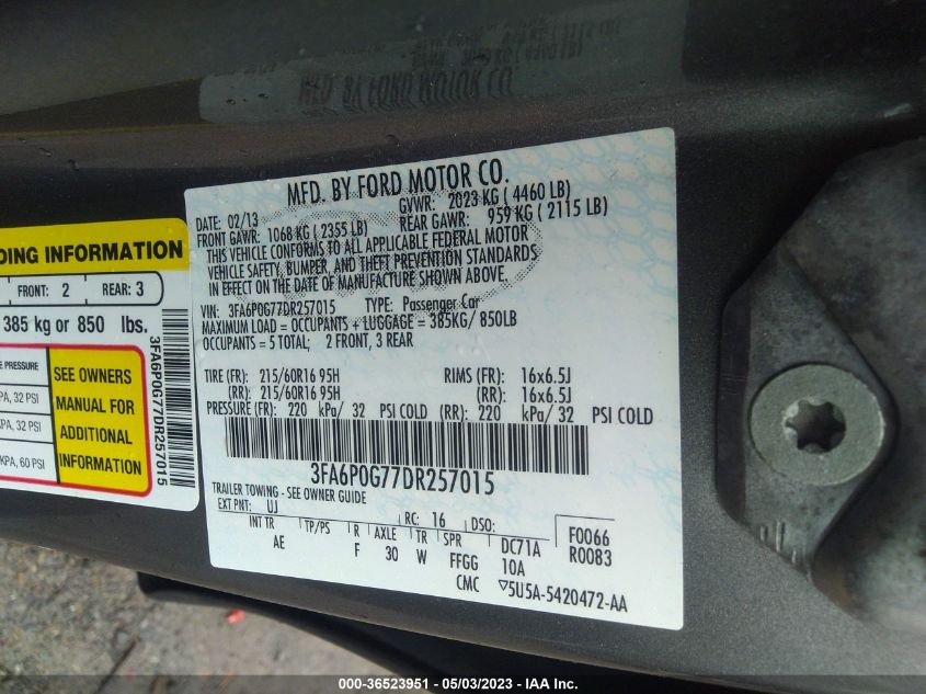 2013 FORD FUSION S - 3FA6P0G77DR257015