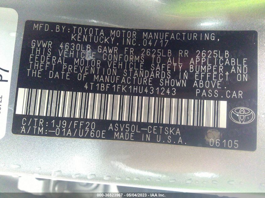 2017 TOYOTA CAMRY XLE/SE/LE/XSE - 4T1BF1FK1HU431243