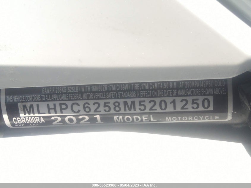 VIN MLHPC6258M5201250 2021 HONDA CBR500 RA