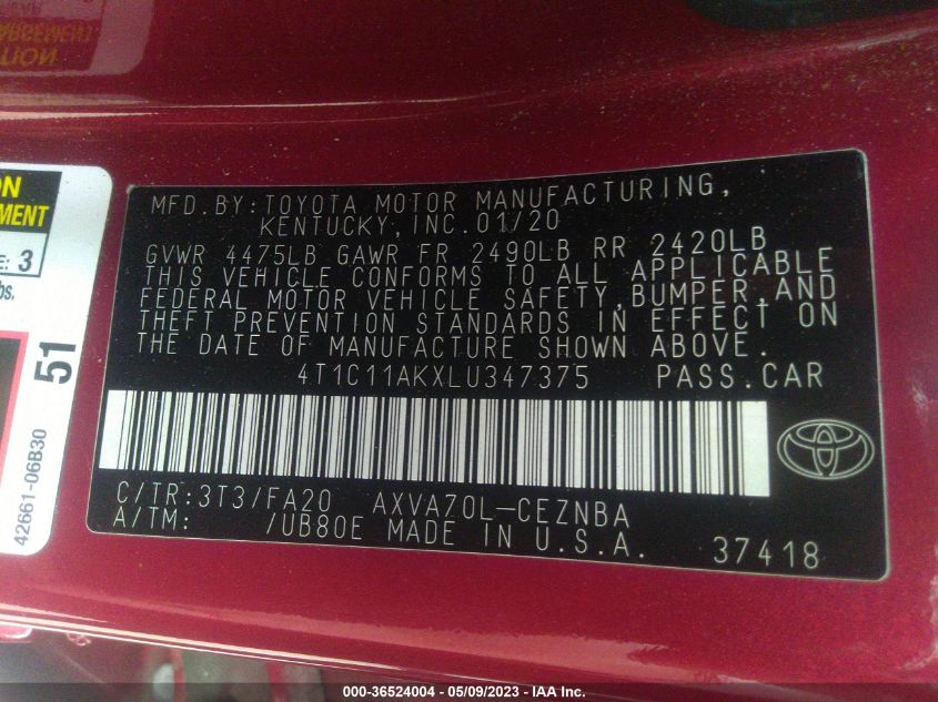 2020 TOYOTA CAMRY LE - 4T1C11AKXLU347375