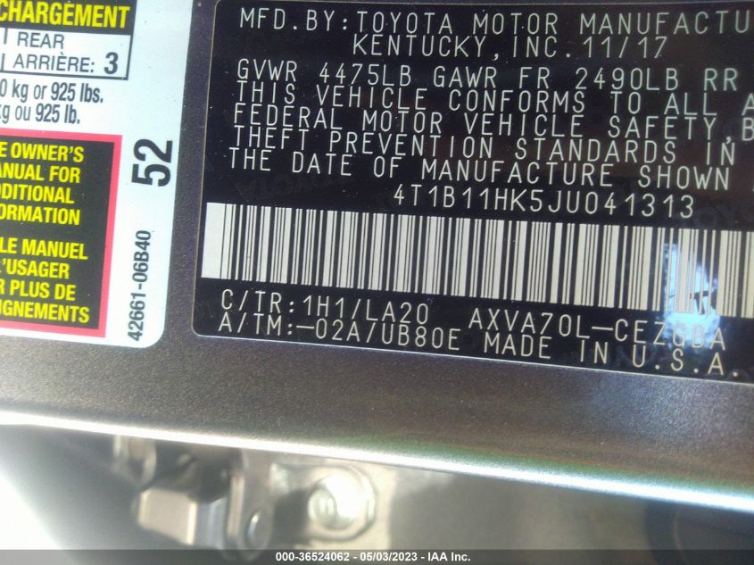 2018 TOYOTA CAMRY LE/SE/XLE/L - 4T1B11HK5JU041313