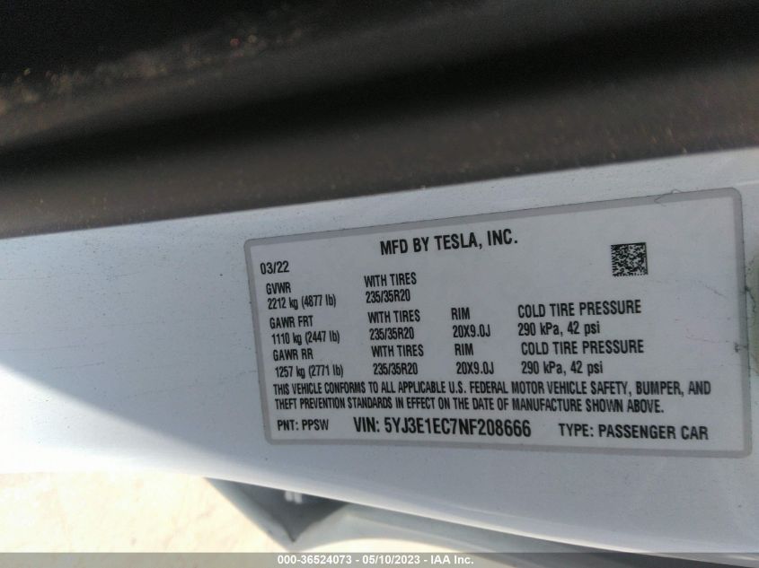2022 TESLA MODEL 3 PERFORMANCE - 5YJ3E1EC7NF208666