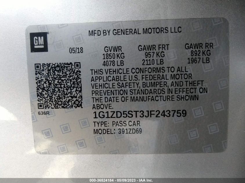 2018 CHEVROLET MALIBU LT - 1G1ZD5ST3JF243759