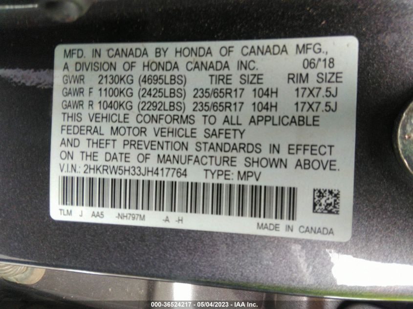 2018 HONDA CR-V LX - 2HKRW5H33JH417764
