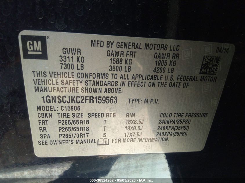 2015 CHEVROLET SUBURBAN LT - 1GNSCJKC2FR159563