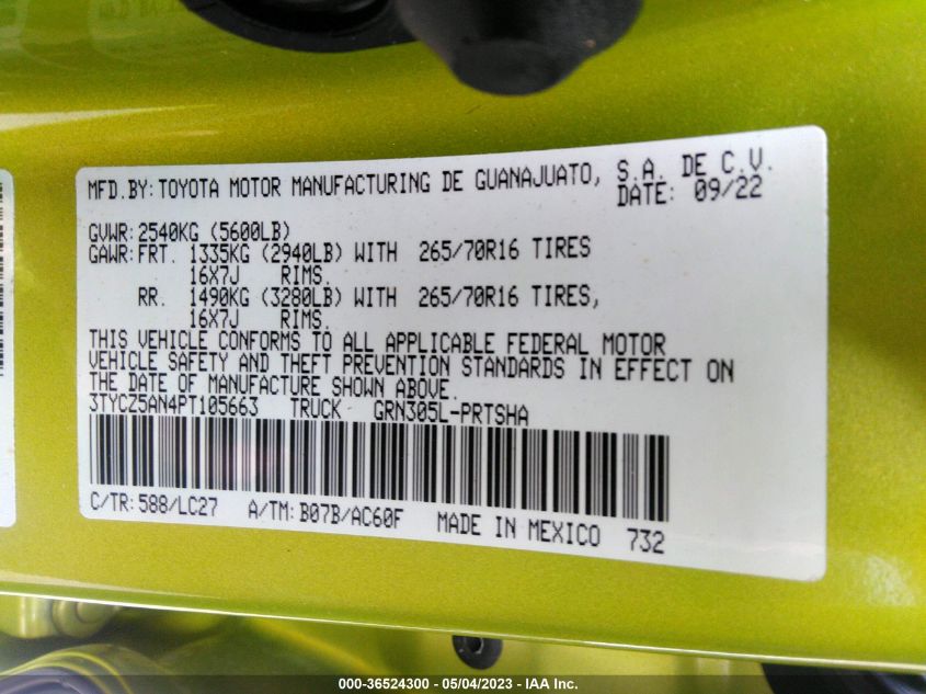 2023 TOYOTA TACOMA 4WD SR/SR5/TRD SPORT - 3TYCZ5AN4PT105663