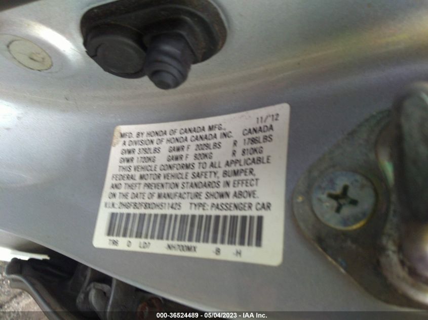 2013 HONDA CIVIC SDN EX - 2HGFB2F8XDH511425