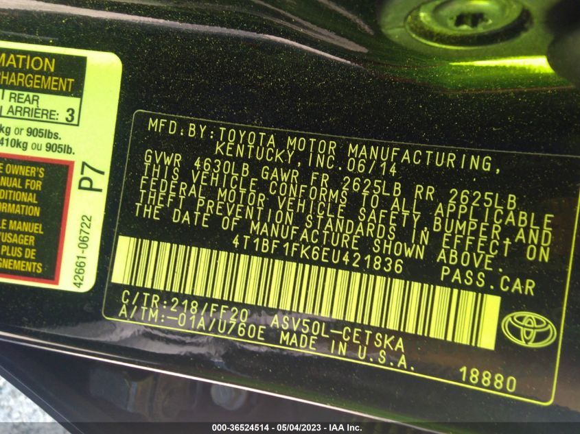 2014 TOYOTA CAMRY L/LE/XLE/SE/SE SPORT - 4T1BF1FK6EU421836