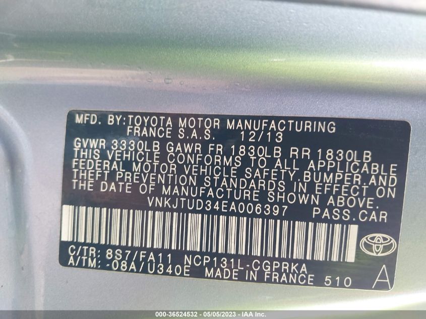 2014 TOYOTA YARIS L/LE - VNKJTUD34EA006397