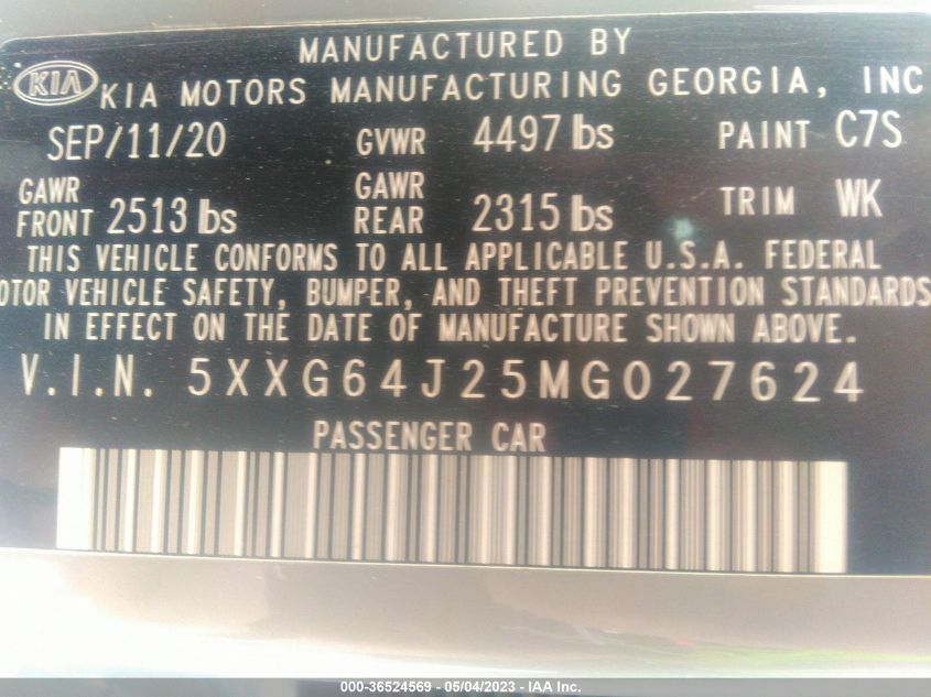 2021 KIA K5 GT-LINE - 5XXG64J25MG027624