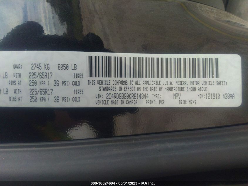 2019 DODGE GRAND CARAVAN SE PLUS - 2C4RDGBG0KR614344