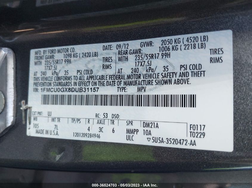 2013 FORD ESCAPE SE - 1FMCU0GX8DUB31157