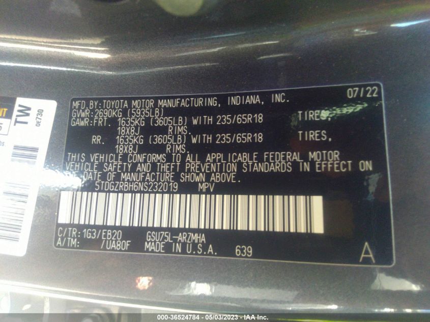 2022 TOYOTA HIGHLANDER XLE - 5TDGZRBH6NS232019