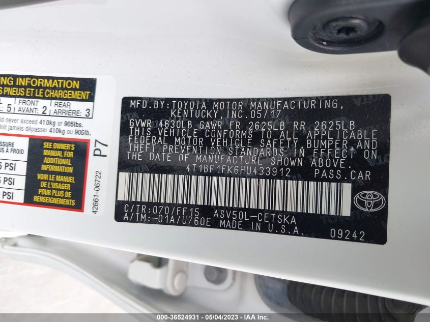 2017 TOYOTA CAMRY XLE - 4T1BF1FK6HU433912