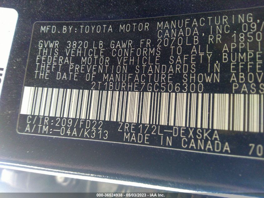 2016 TOYOTA COROLLA S - 2T1BURHE7GC506300