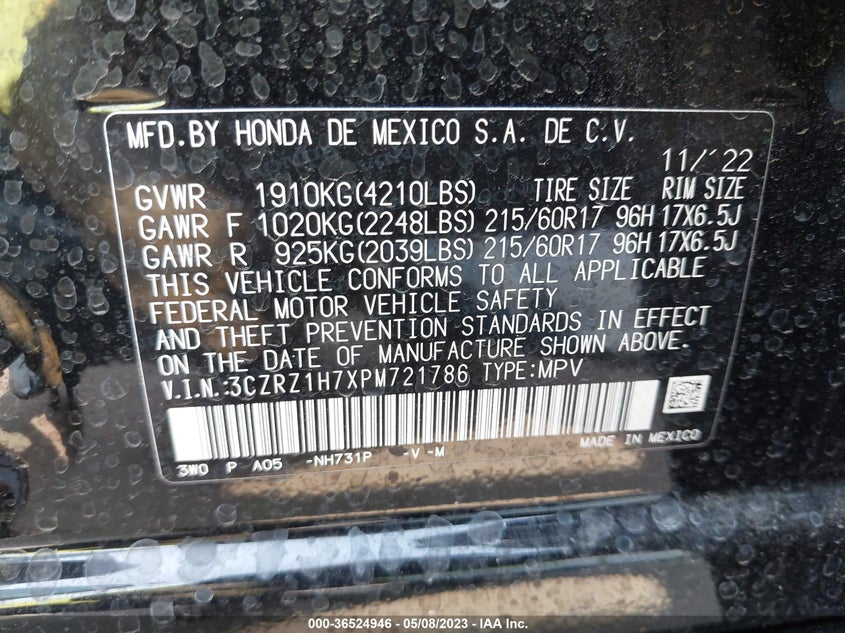 VIN 3CZRZ1H7XPM721786 2023 HONDA HR-V EX-L