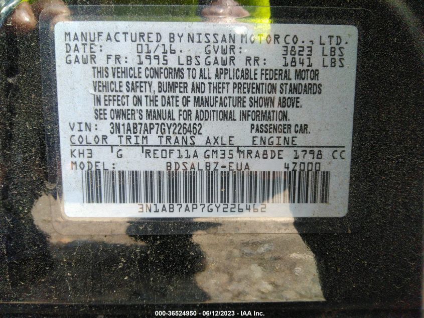 2016 NISSAN SENTRA S - 3N1AB7AP7GY226462
