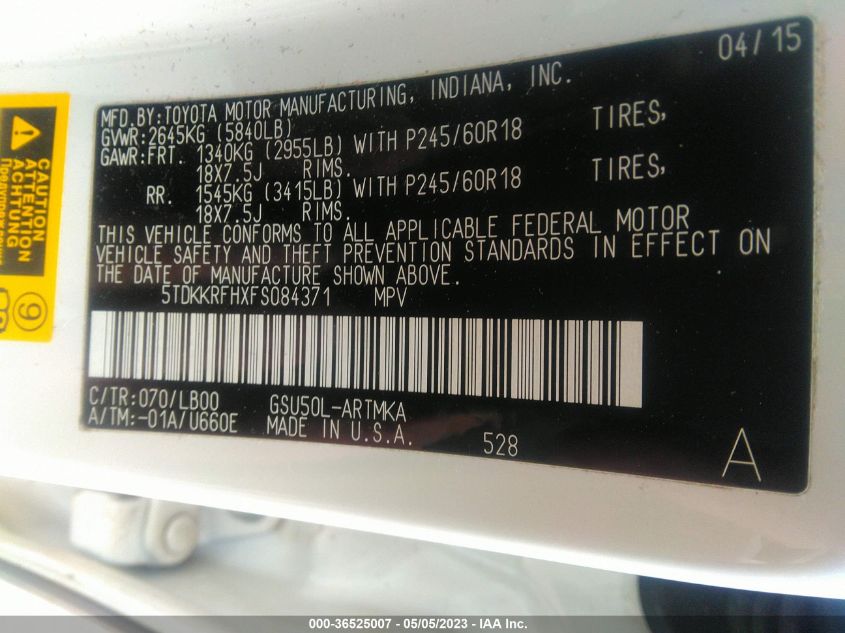 2015 TOYOTA HIGHLANDER XLE - 5TDKKRFHXFS084371
