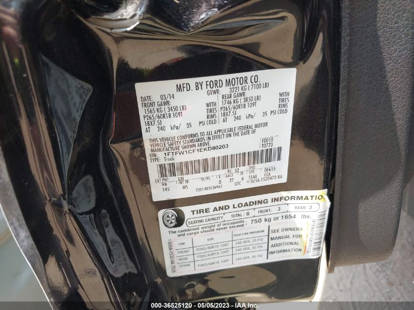 2014 FORD F-150 XL/STX/XLT/FX2/LARIAT - 1FTFW1CF1EKD80203