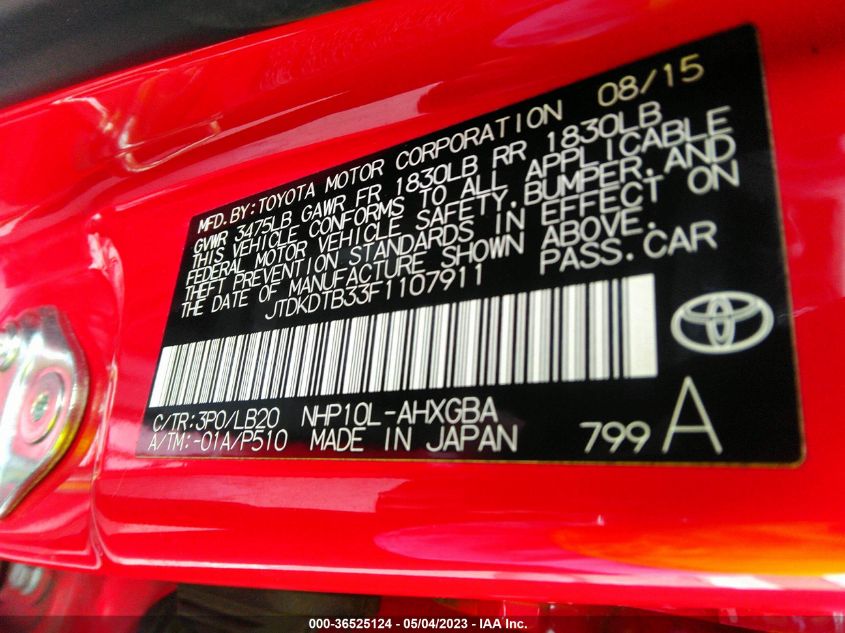 2015 TOYOTA PRIUS C ONE/TWO/THREE/FOUR - JTDKDTB33F1107911