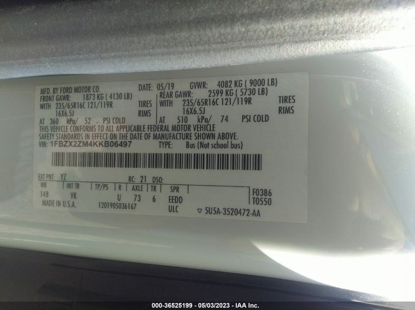 2019 FORD TRANSIT PASSENGER WAGON XL/XLT 1FBZX2ZM4KKB06497