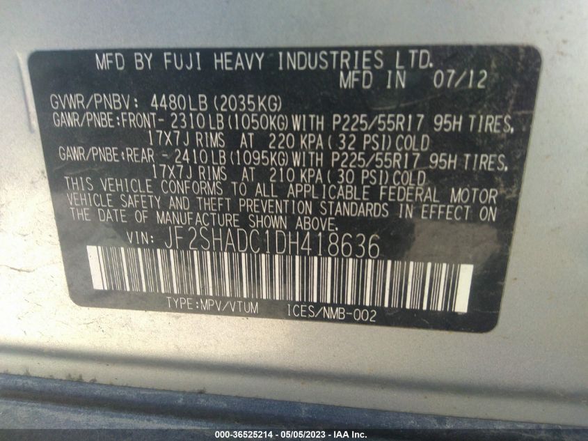 2013 SUBARU FORESTER 2.5X PREMIUM - JF2SHADC1DH418636