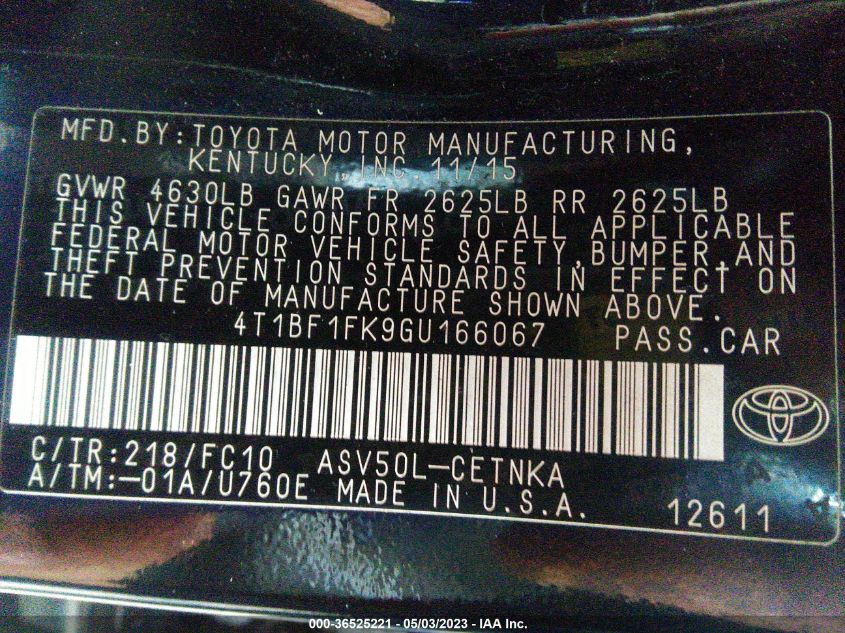 2016 TOYOTA CAMRY XLE/SE/LE/XSE - 4T1BF1FK9GU166067
