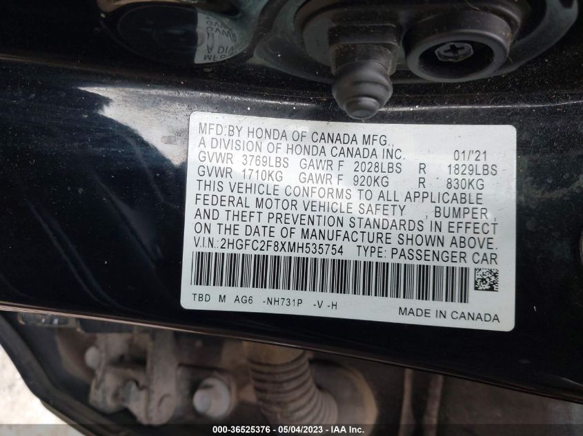 2021 HONDA CIVIC SEDAN SPORT - 2HGFC2F8XMH535754