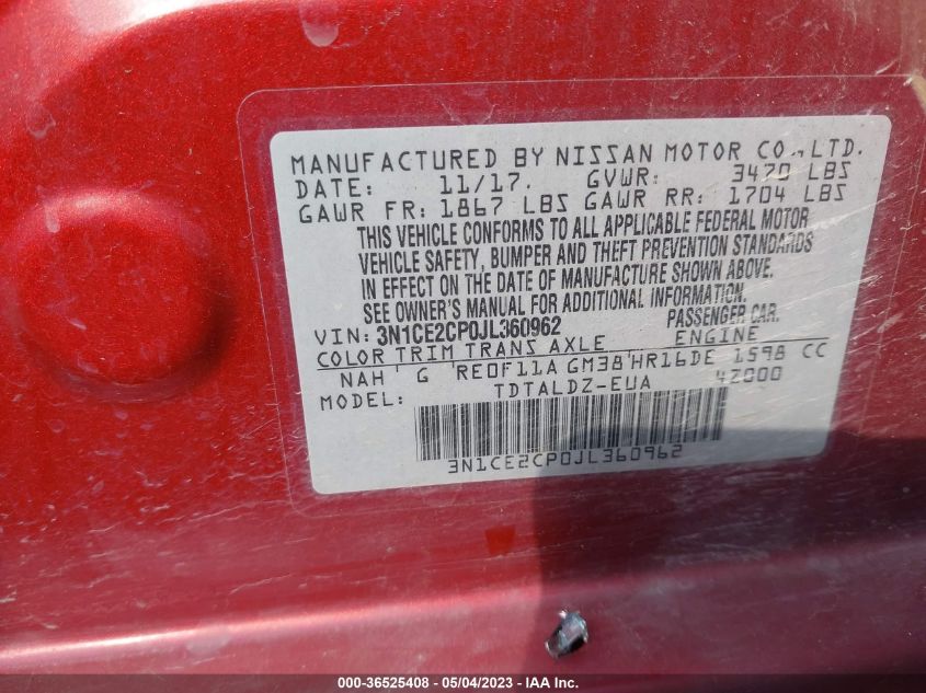 2018 NISSAN VERSA NOTE SV - 3N1CE2CP0JL360962