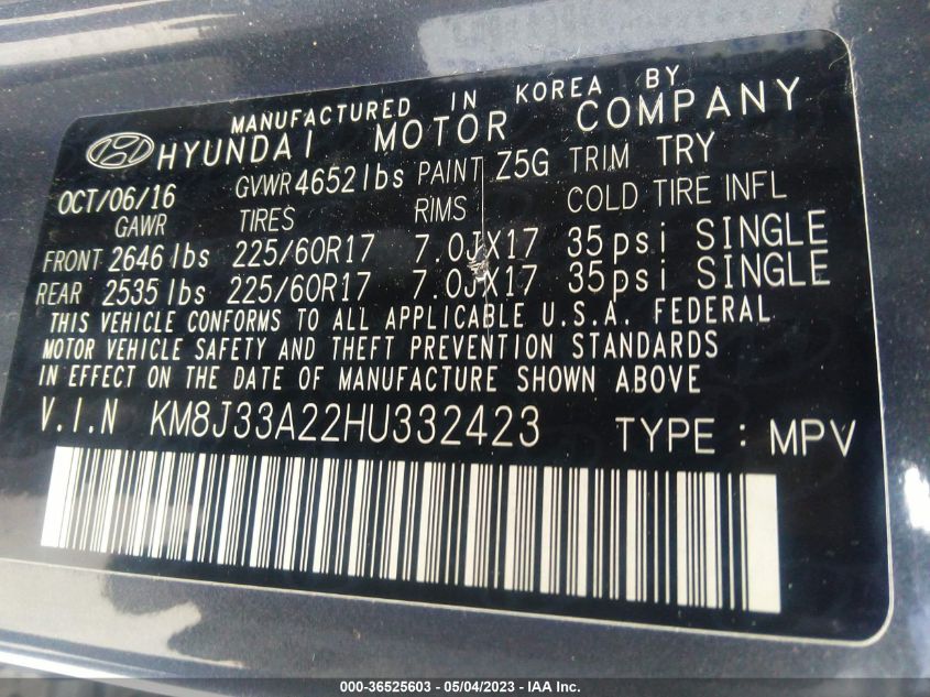 2017 HYUNDAI TUCSON ECO - KM8J33A22HU332423