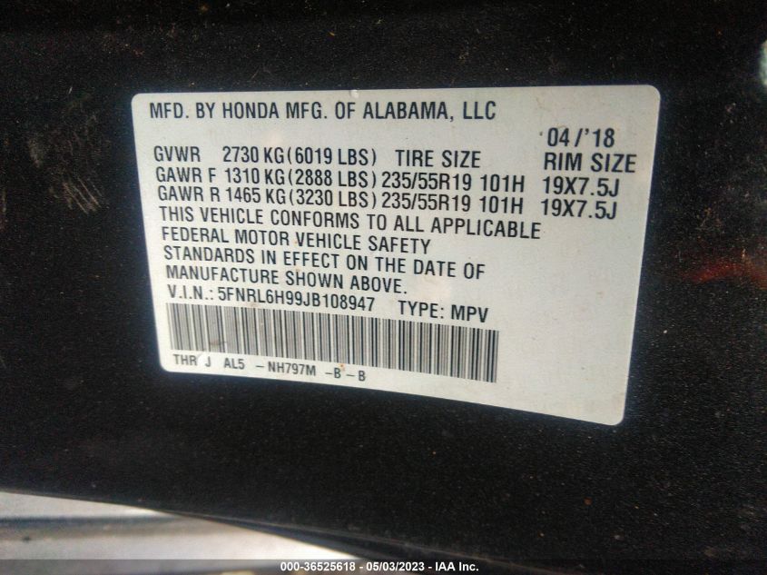 2018 HONDA ODYSSEY ELITE - 5FNRL6H99JB108947