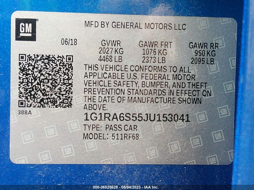 2018 CHEVROLET VOLT LT - 1G1RA6S55JU153041