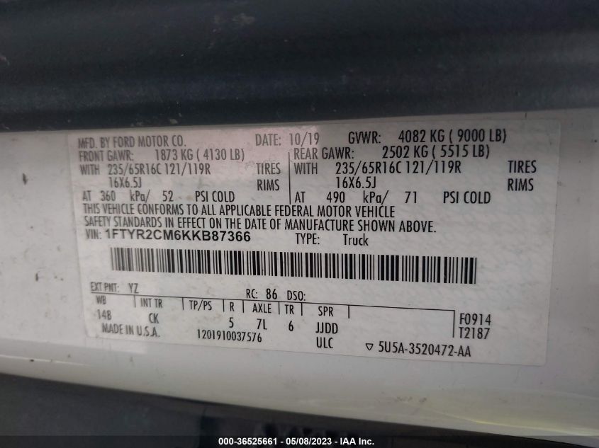 2019 FORD TRANSIT VAN - 1FTYR2CM6KKB87366