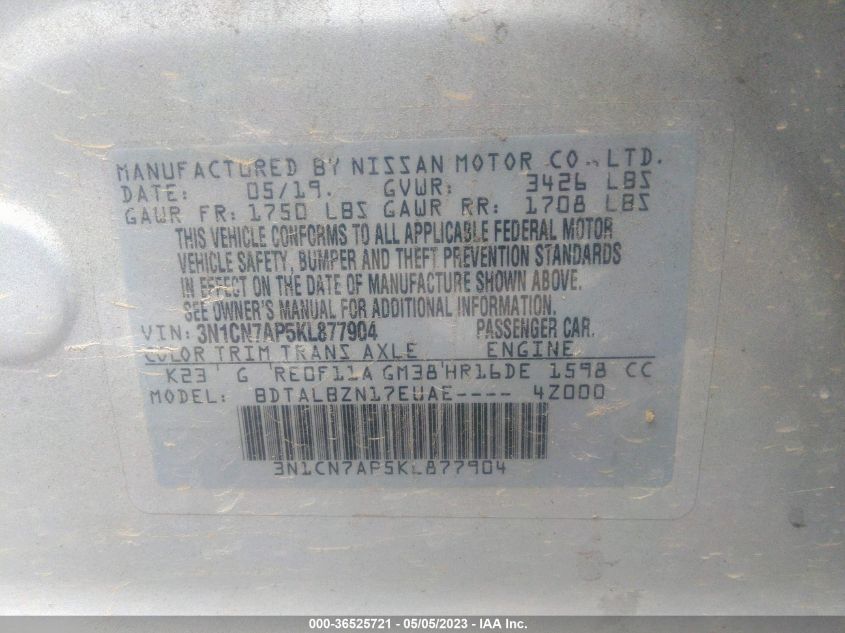 2019 NISSAN VERSA SEDAN SV - 3N1CN7AP5KL877904
