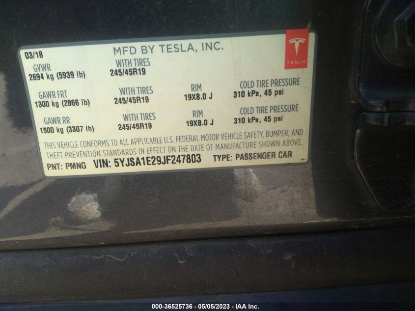 2018 TESLA MODEL S 75D/100D/P100D - 5YJSA1E29JF247803