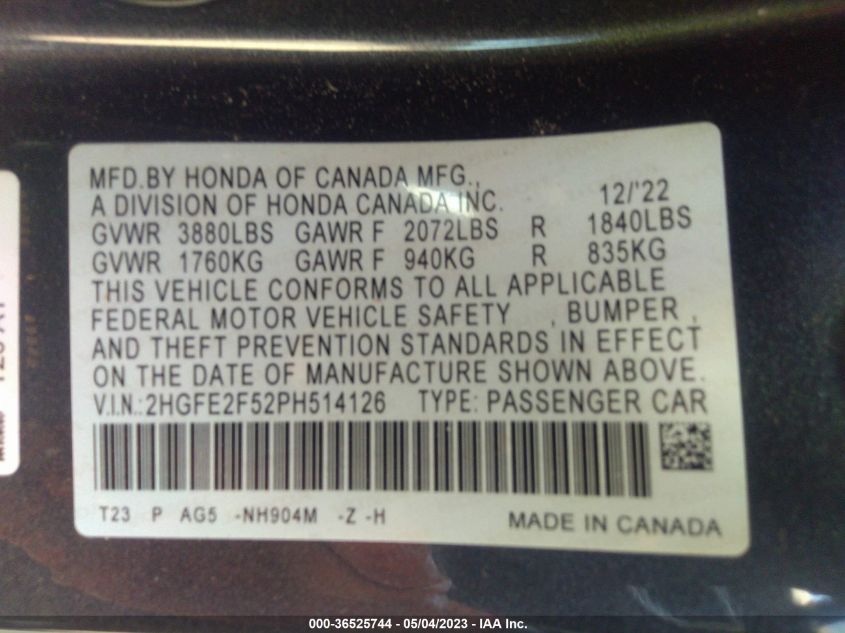 2023 HONDA CIVIC SEDAN SPORT - 2HGFE2F52PH514126