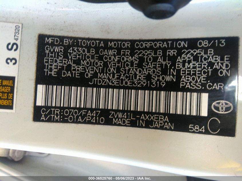 2014 TOYOTA PRIUS V TWO/THREE/FIVE - JTDZN3EU0E3291319