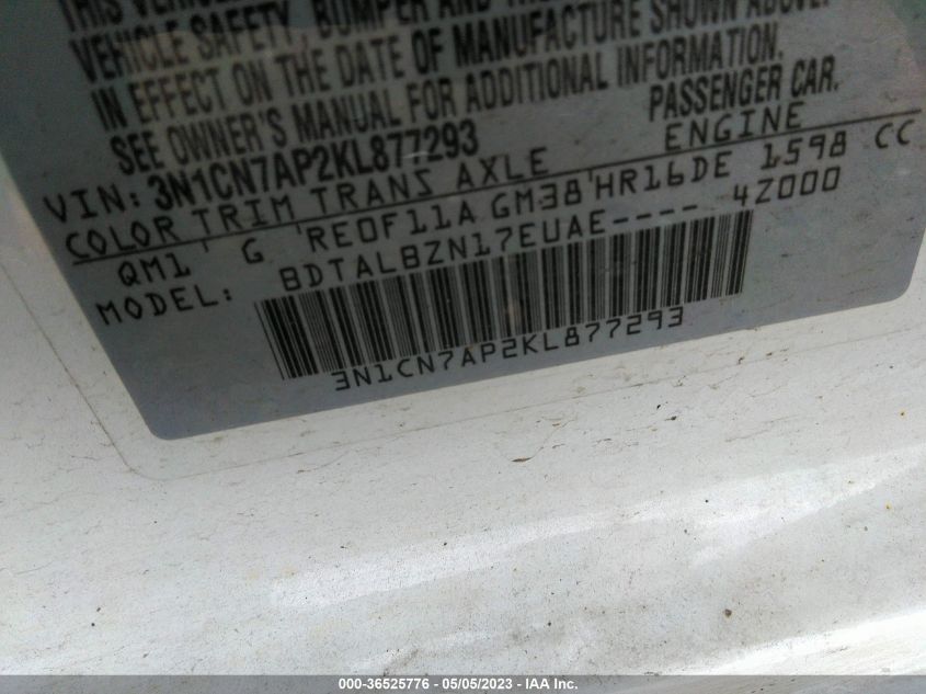 2019 NISSAN VERSA SEDAN SV - 3N1CN7AP2KL877293