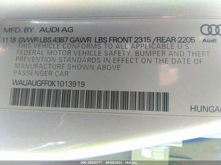 2019 AUDI A3 SEDAN PREMIUM/TITANIUM PREMIUM - WAUAUGFF0K1013919