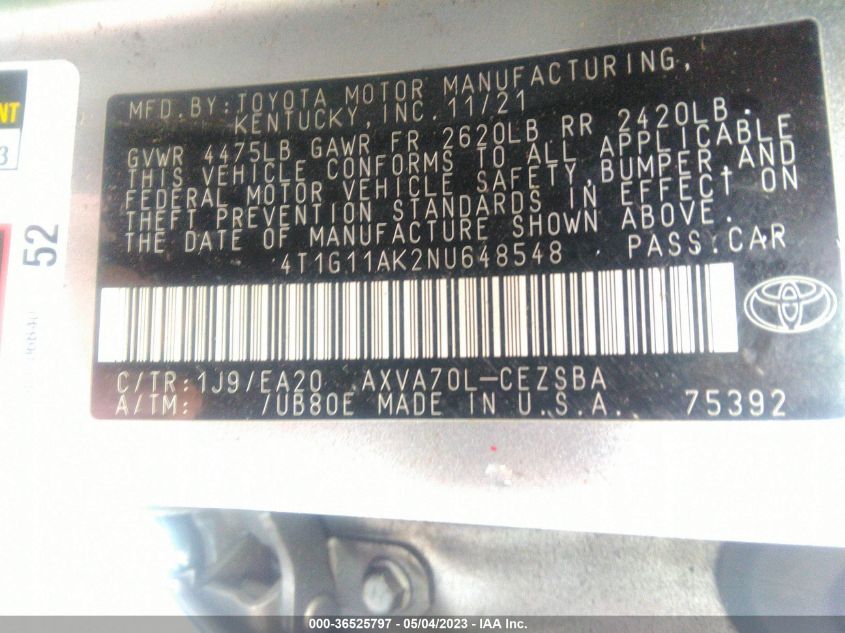 2022 TOYOTA CAMRY SE - 4T1G11AK2NU648548