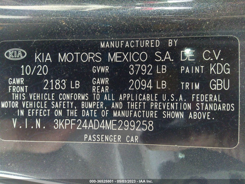 VIN 3KPF24AD4ME299258 2021 KIA FORTE LXS