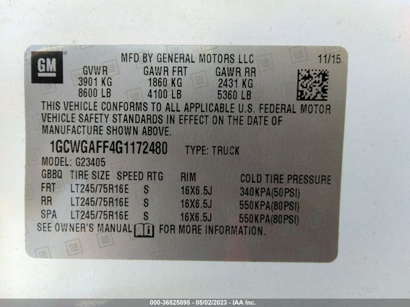 2016 CHEVROLET EXPRESS CARGO VAN - 1GCWGAFF4G1172480