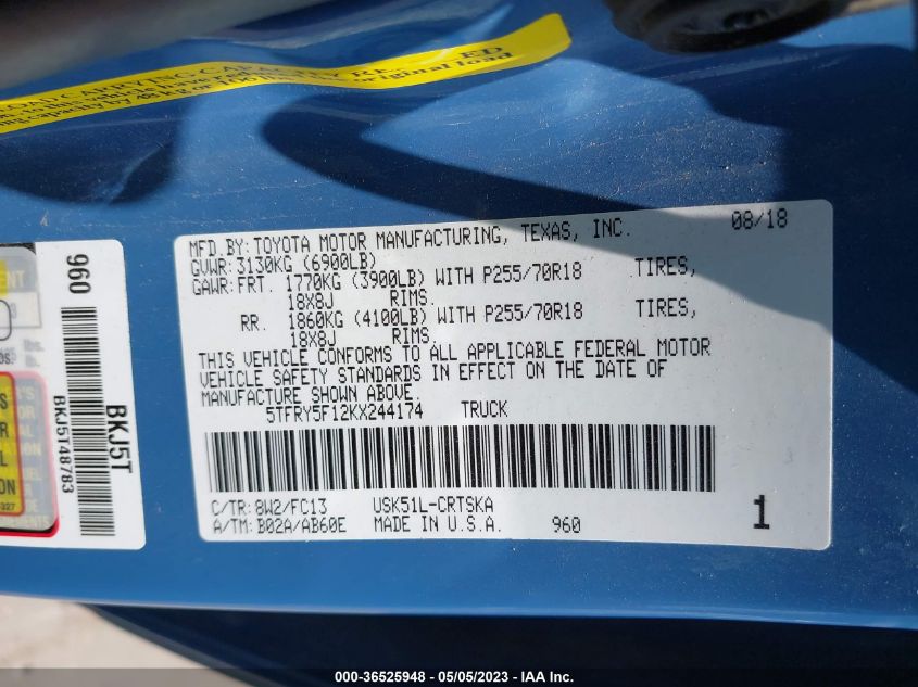 2019 TOYOTA TUNDRA 2WD SR/SR5/LIMITED - 5TFRY5F12KX244174