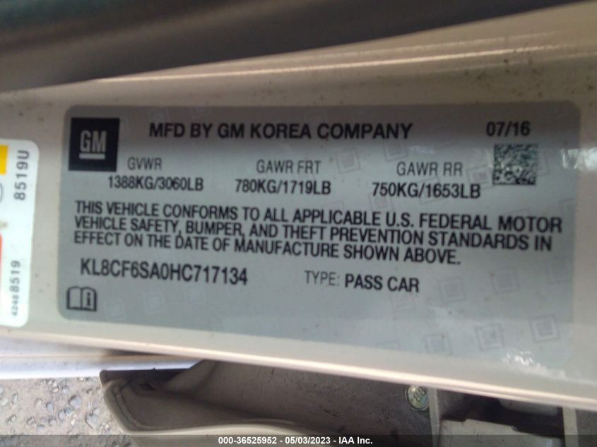2017 CHEVROLET SPARK LT - KL8CF6SA0HC717134