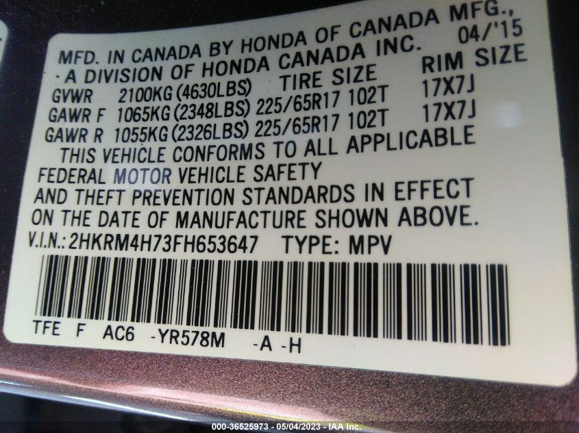 2015 HONDA CR-V EX-L - 2HKRM4H73FH653647