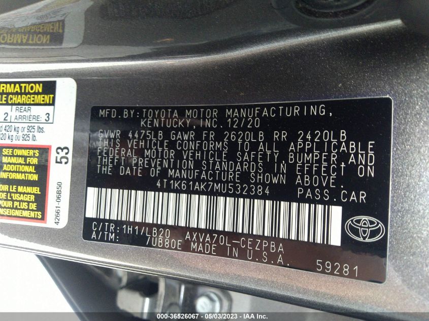 2021 TOYOTA CAMRY XSE - 4T1K61AK7MU532384