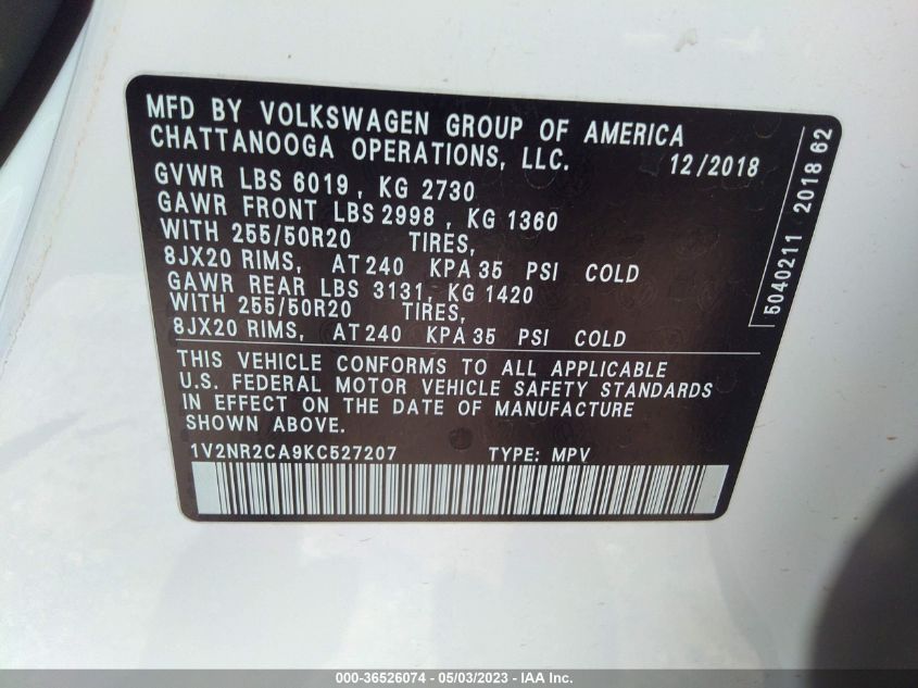 2019 VOLKSWAGEN ATLAS 3.6L V6 SEL PREMIUM - 1V2NR2CA9KC527207