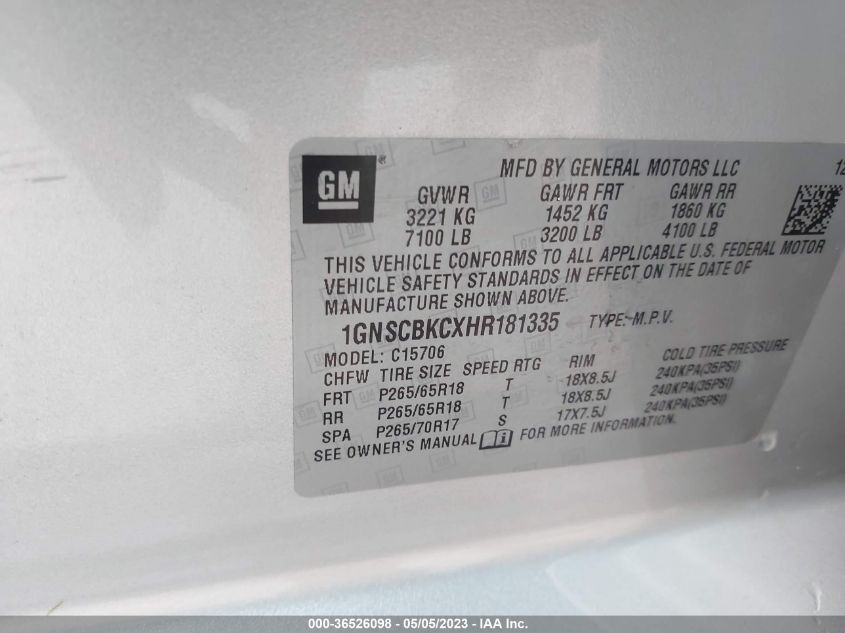 2017 CHEVROLET TAHOE LT - 1GNSCBKCXHR181335