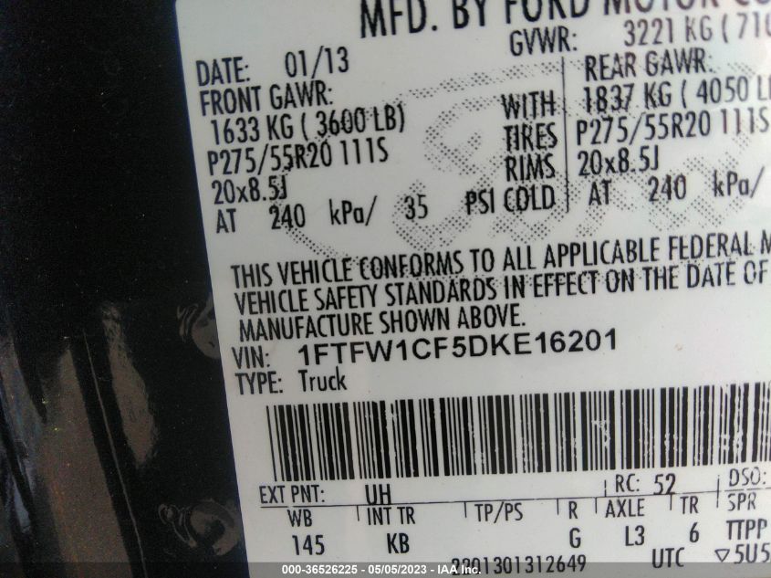 2013 FORD F-150 XL/XLT/FX2/LARIAT - 1FTFW1CF5DKE16201