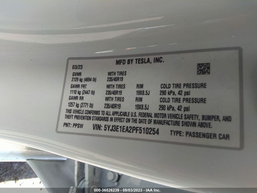 2023 TESLA MODEL 3 - 5YJ3E1EA2PF510254